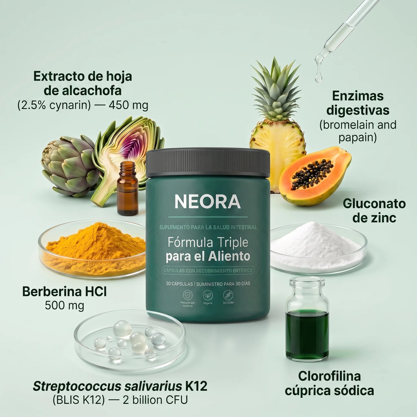 Fórmula para el aliento de tres fuentes (intestino · boca · hígado)