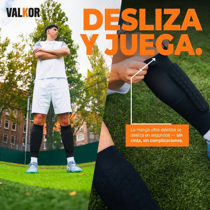 VALKOR HEXA™ — Espinilleras con Manga Acolchada | Sin Correas, No Se Mueven